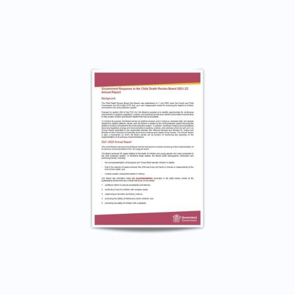 Thumbnail for Queensland Government response to Child Death Review Board Annual Report 2021–22