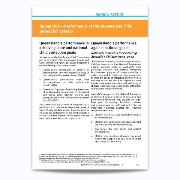 Cover of Annual Report of the performance on the Queensland child protection system 2017–18