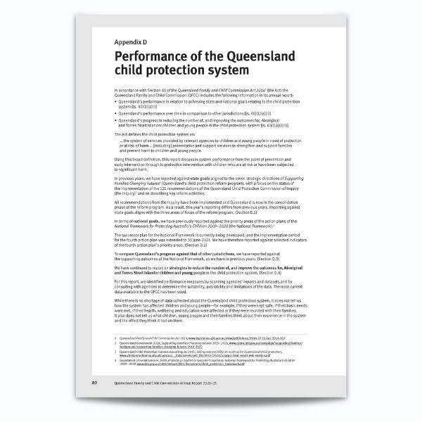 Cover of Annual Report of the performance on the Queensland child protection system 2020–21