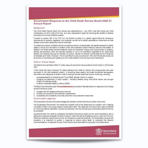 Cover of Queensland Government response to Child Death Review Board Annual Report 2020–21