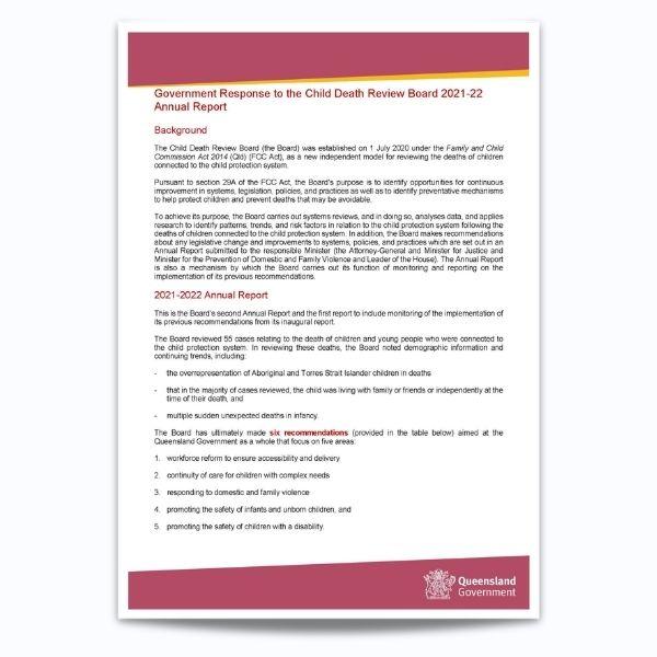 Cover for Queensland Government response to Child Death Review Board Annual Report 2021–22
