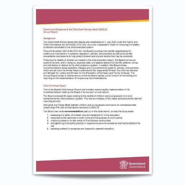 Cover for Queensland Government response to Child Death Review Board Annual Report 2022–23