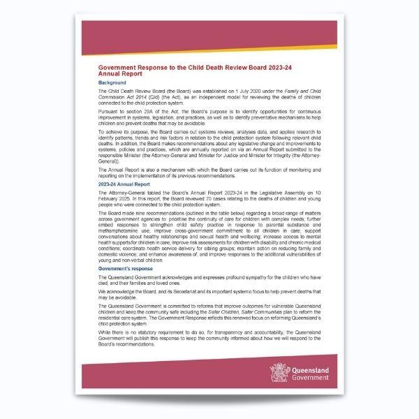 Cover for Queensland Government response to Child Death Review Board Annual Report 2023–24