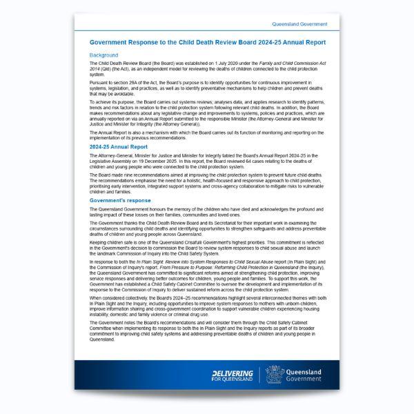 Cover of Queensland Government response to Child Death Review Board annual report 2024–25