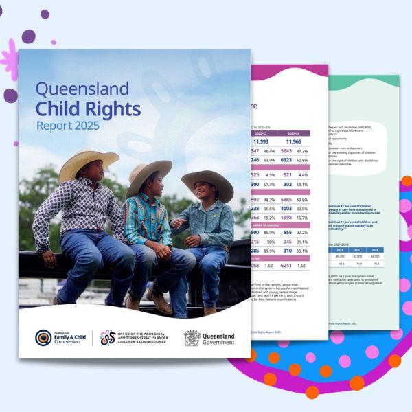 Cover of the Queensland Child Rights Report 2025, featuring three young people wearing cowboy hats and denim jeans, seated and conversing outdoors. The report title is prominently displayed at the top of the page.